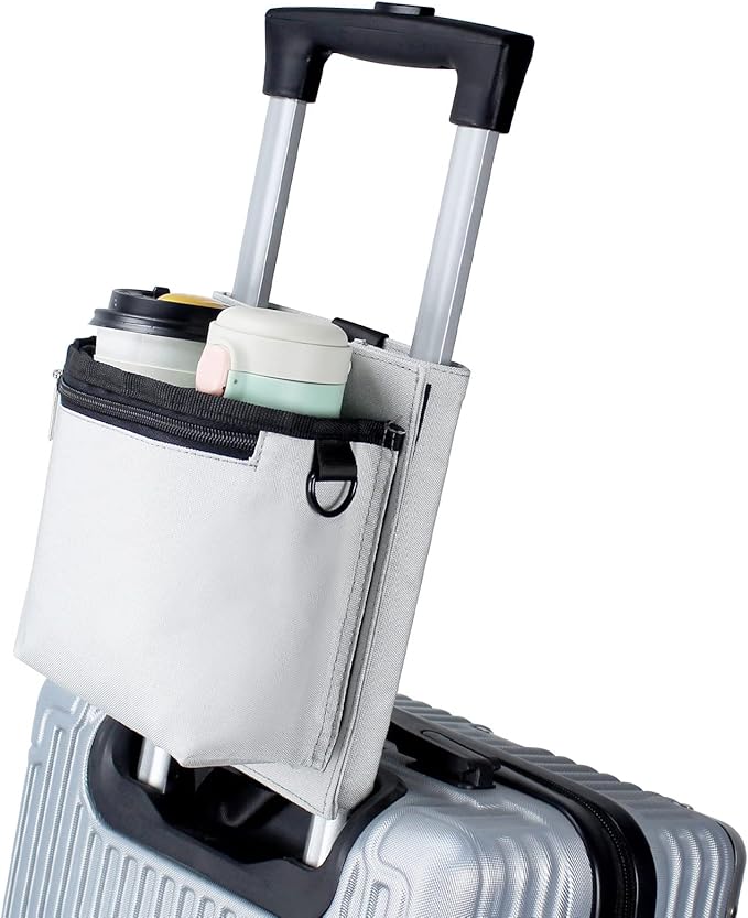 Bokelai Luggage Travel Cup Holder with Luggage Straps Free Hand Drink Caddy Beverage Holder Travel Accessories Flight Attendants Businessmen Travelers Fits Roll on Suitcase Handles Light Grey
