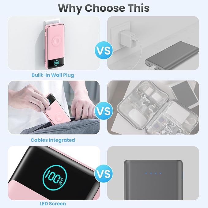 Portable Charger for iPhone with Built-in Cables and AC Wall Plug,26800mah Fast Charging USB C Power Bank,25W PD Travel Essential Battery Pack for iPhone 17/16/15/14/13,Galaxy,Apple Watch (Pink)