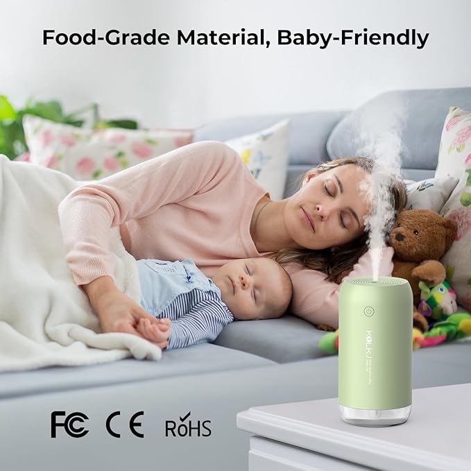 Portable Mini Humidifier, 350ml Quiet Small Cool Mist Humidifiers USB Personal Desktop Humidifier for Bedroom Office Plants Car Baby Nursery with 2 Mist Modes Auto Shut-off (Green)
