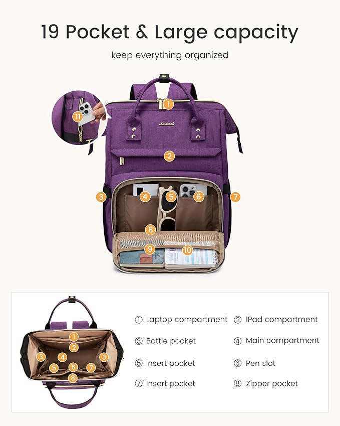 LOVEVOOK Laptop Backpack for Women with Giant Tumbler Holder Pocket,18 inch Waterproof Travel Backpack Purse Computer Laptop Bag,Professional Work College Nurse Teacher Backpack Daypack,Dark Purple