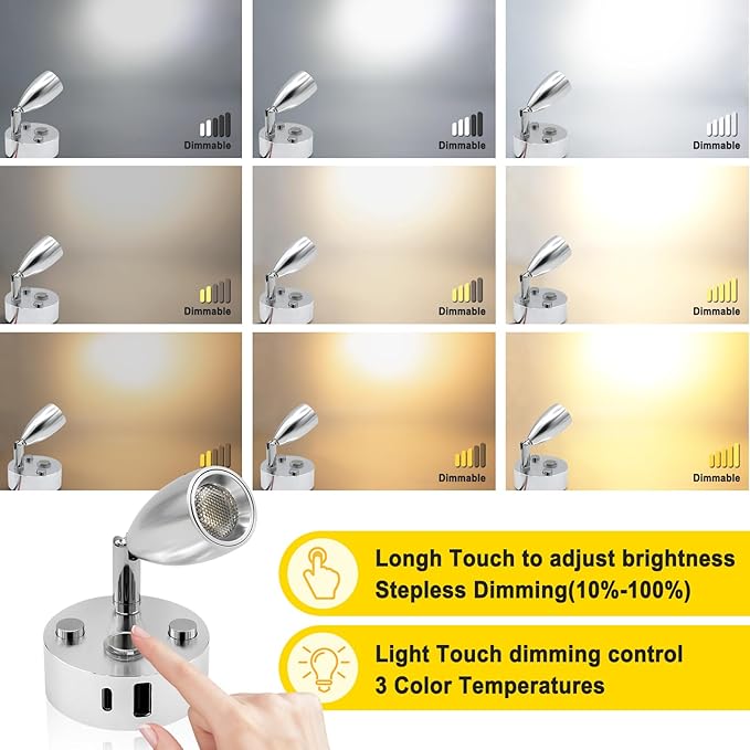 12V LED RV Interior Reading Light, Dimmable, with Dual USB Ports, RV Bedside Reading Light with Touch Switch, for Campers and Travel Trailers