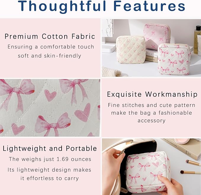 RSRSLEII Small Quilted Cosmetic Pouch for Purse, Mini Cotton Makeup Bag with Compartments, Cute Zipper Lipstick Holder for Women (02Heart Bow)