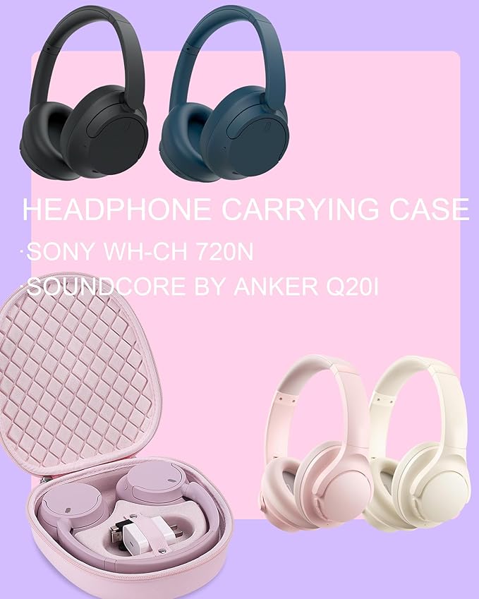 Headphone Case for Sony WH-CH720N Soundcore by Anker Q20i, Hard Portable Over Ear Headphone Carrying Case, Wireless Headphone Storage Protective Case for Travel Home (Pink)
