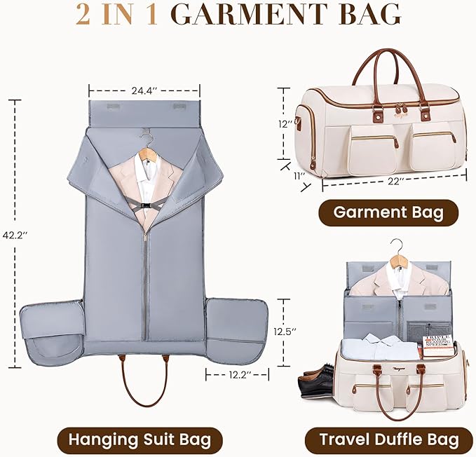 Convertible Garment Bag for Travel, PU Leather Carry On Garment Duffle Bag for Men Women, 2 in 1 Suit Travel Bags for Hanging Clothes with Shoe Compartment