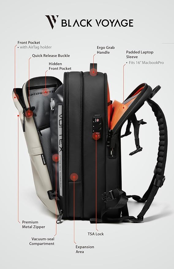 BlackVoyage Vortex Vacuum Seal Travel Backpack 60L Expandable Air Compression System Water Resistant TSA Lock Carry-On