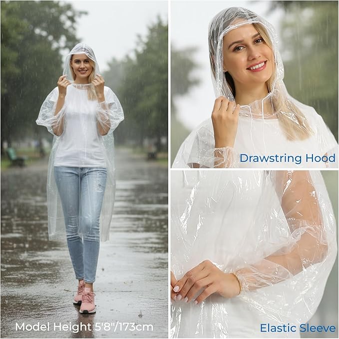 Opret 5/10/20 Pack Rain Ponchos, Disposable Emergency Ponchos Bulk Unisex Waterproof Raincoat for Adults with Drawstring Hood