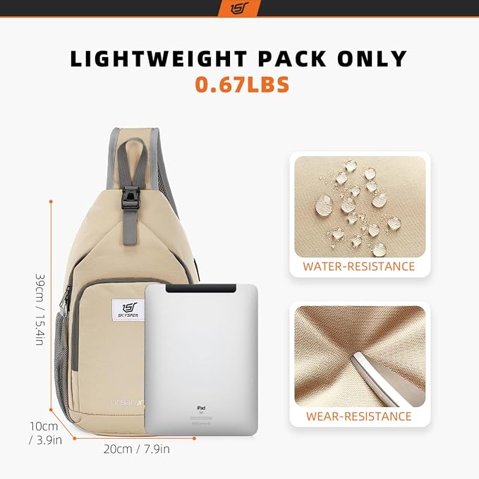 SKYSPER Sling Bag RFID Crossbody Sling Backpack Cross Body Shoulder Bag Travel Hiking Daypack for Women Men(Beige)