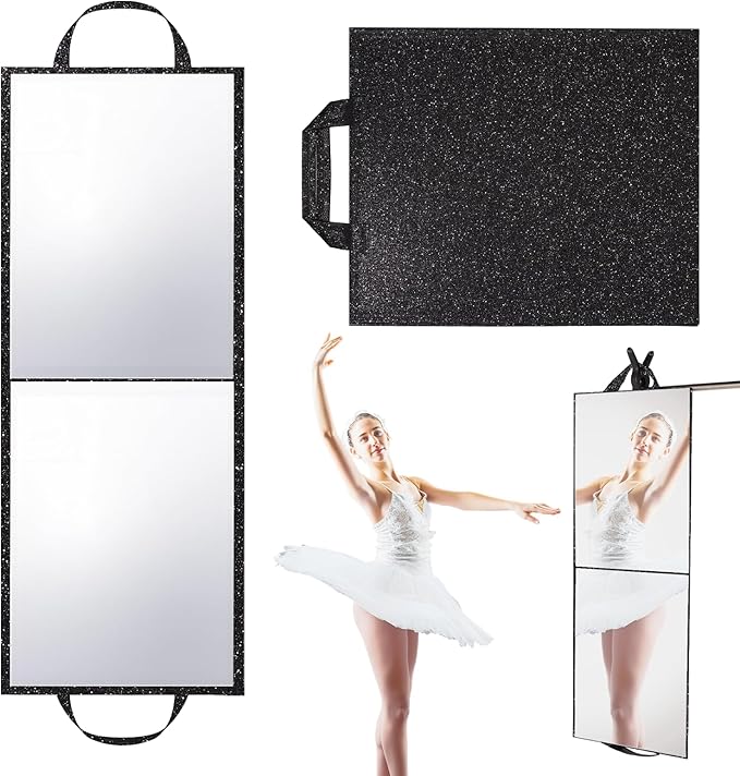 Foldable Full Length Mirror, 2 in 1 Hangable & Tabletop Acrylic Mirror, Portable Travel Mirror with Handle for Dance Bedroom Wardrobe Stage Makeup Checks Camping Outdoor Use (32.2" x 12.5", Bi-Fold)