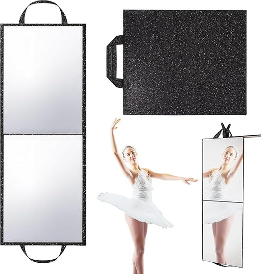Foldable Full Length Mirror, 2 in 1 Hangable & Tabletop Acrylic Mirror, Portable Travel Mirror with Handle for Dance Bedroom Wardrobe Stage Makeup Checks Camping Outdoor Use (32.2" x 12.5", Bi-Fold)