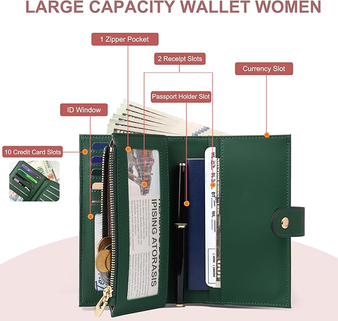 yiijay Womens Wallet RFID Blocking Leather Trifold Clutch Wallet Credit Card Holder Ladies Travel Wallet Purse with Pen Holder