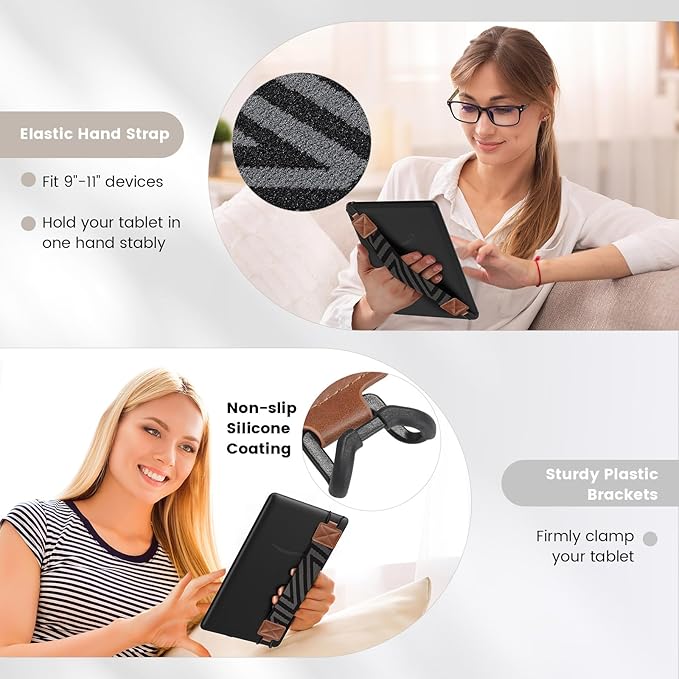 MoKo Security Hand-Strap for 9-11 Inch Tablet, iPad/iPad Pro/iPad Air/Kindle Fire HD/Samsung, High-Elasticity Versatile Hand Strap Lightweight Finger Grip Holder, Brown
