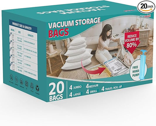 20 Pack Vacuum Storage Bags, Vacuum Seal Bags for Clothing, Comforters, Blankets, Space Saver Vacuum Storage Bags with Hand Pump. (4×Jumbo, 4×Large, 4×Medium, 4×Small, 4×Roll)