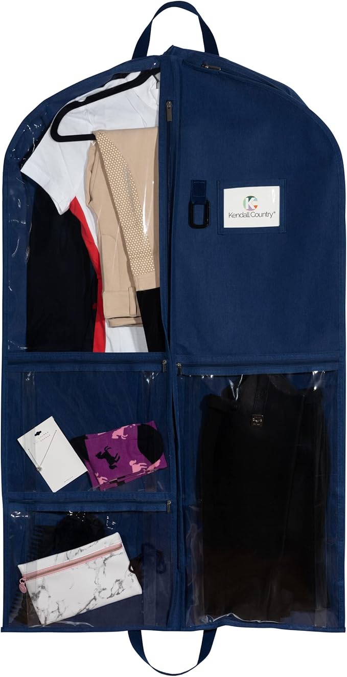 Waterproof Hanging Garment Bag 40 inch Clothes Bag with Gusset, 2 Pack, 5 Pockets & Side Zip for Dance Costumes, Sports, Skating, Theatre, Beauty Pageants,Cheer & More by Kendall Country, Navy Blue