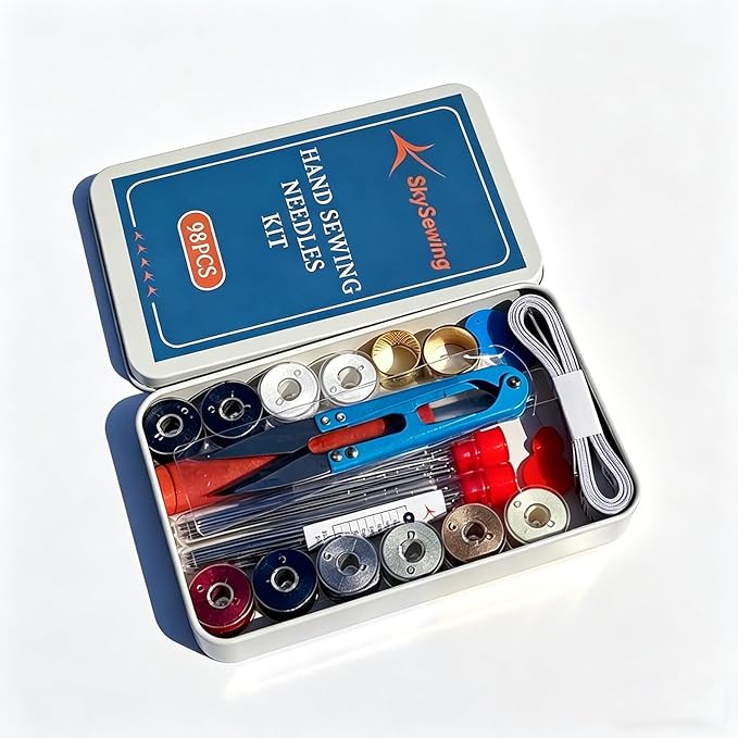 SkySewing 98PCS Large Eye Hand Sewing Needles Kit with Metal Box, Mini Sewing Kit with Threaders, Thimbles, Seam Ripper, Portable Sewing Repair Kit for Adults Beginner Travel Clothing Repair Home Use