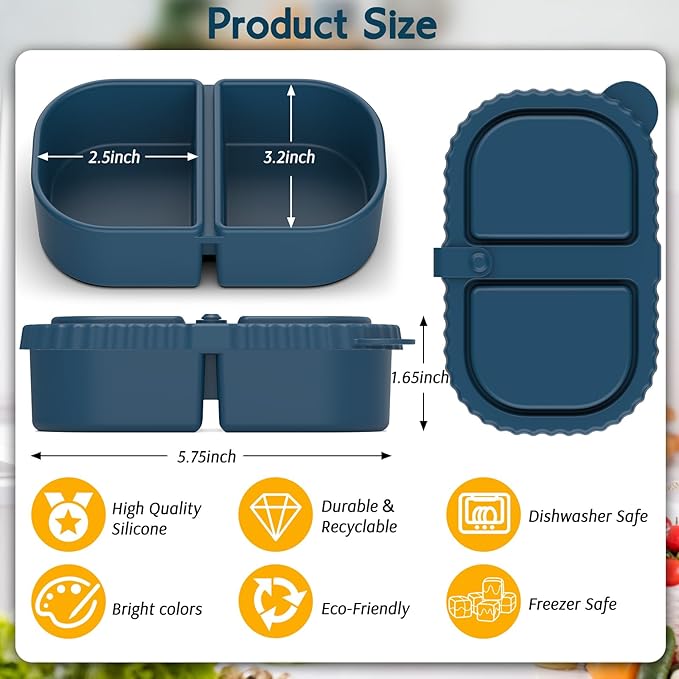 ICEROYCE 6 Pack Reusable Silicone Snack Containers with Lids, 2 Compartment Leakproof Food Storage Containers, BPA-Free Portable Snack Boxes for Lunch, School, Adults