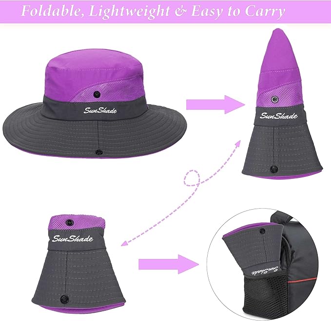Sun Hat for Women Summer UV Protection Beach Hat Wide Brim Mesh Bucket Fishing Hat with Ponytail Hole Foldable Packable Hat