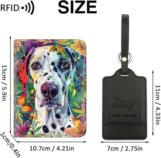 Passport Wallet, Passport Holder with RFID Blocking and Luggage Tag, Waterproof PU Leather Travel Documents Organizer Case, Passport Covers with Card Slot for Women & Men, Dalmatian Dog Floral