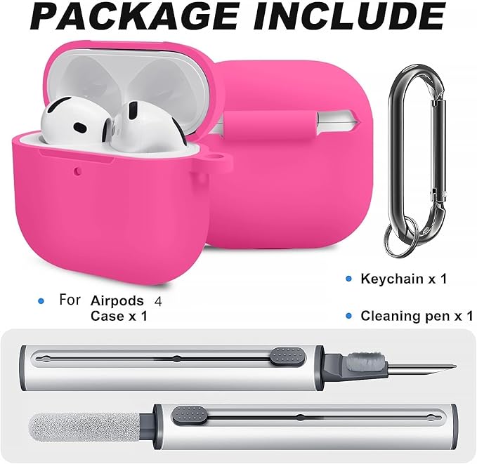 Silicone Case Cover for AirPods 4th Gen, Soft Skin, Full Protection, Keychain, Cleaner Kit (Pink Red)