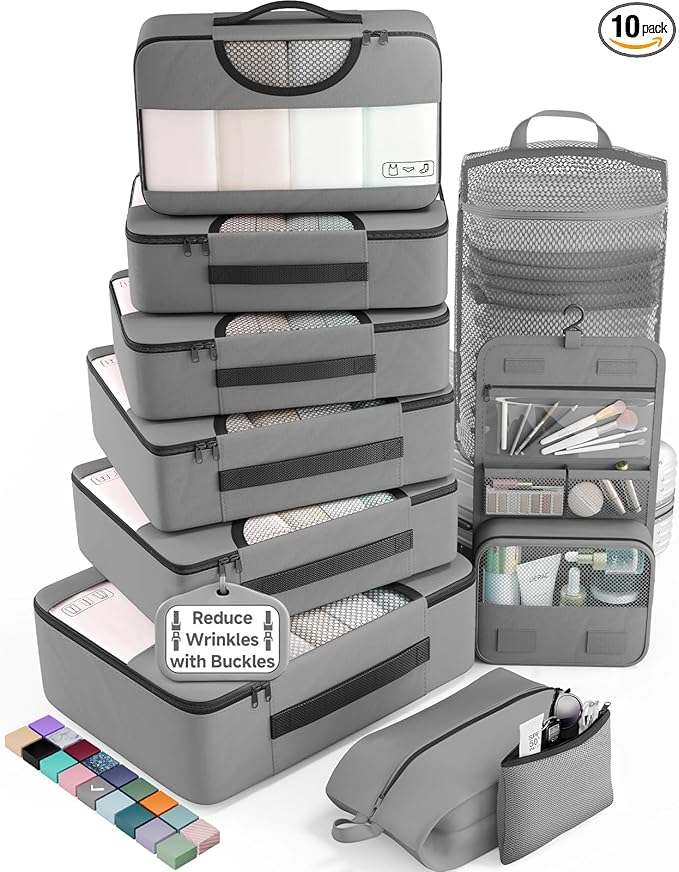Veken 10 Set Packing Cubes for Travel Essentials,Anti-Wrinkle Buckled Suitcase Organizer for Shoe & Toiletry Bag,Carry On Luggage Bag for Airplane & College Dorm Room Accessories,Women Men Gifts