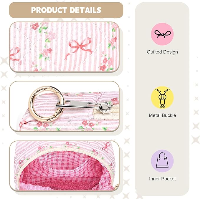 Floral Period Bag, Bow Small Period Pouches for Teen Girls, Quilted Sanitary Napkin Storage Bag, Compact Discreet Pad and Tampon Holder for Purse (Floral+Bow)