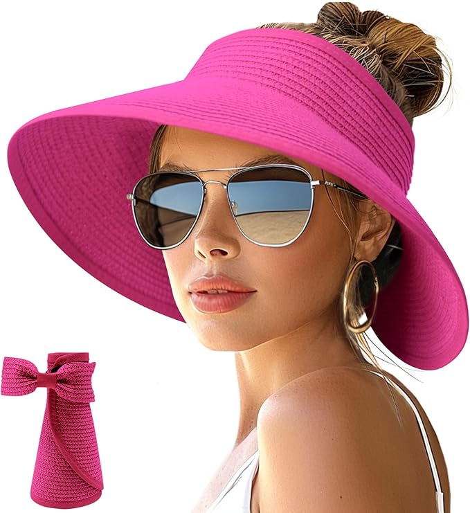 NPJY Sun Hats for Women Wide Brim Roll-Up Beach Ponytail Hat Packable Foldable Travel Straw Visor