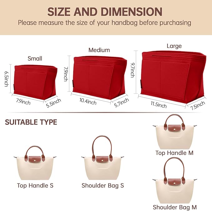 OPPOSHE Purse Organizer Insert for Longchamp Le Pliage, Premium Felt Long Champ Bag Handbag Women, Tote Organizer Insert with 9 Compartments (Medium, Red)