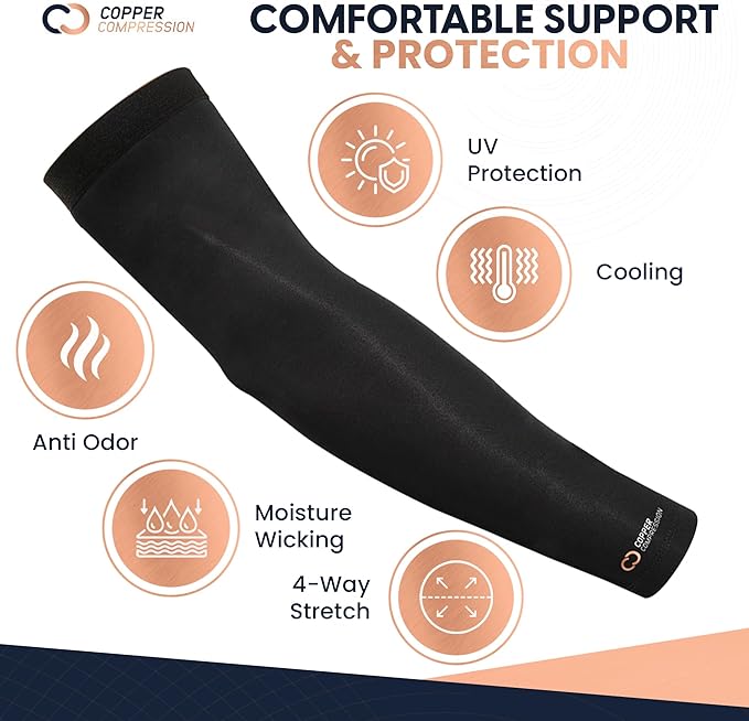 Copper Compression Arm Sleeve - Copper Infused Full Arm Brace for Forearm, Bicep, Triceps - Tennis Elbow, Basketball, Golf, Arthritis, Tendonitis, Bursitis, Post Surgery Rehab - Odor Resistant - Black - 2XL