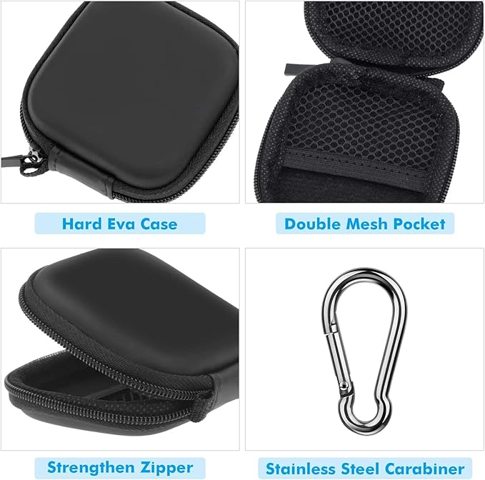 Earbud Case, Cridoz Earphone Case Headphone EVA Earbud Holder with Stainless Steel Carabiner Cell Phone Accessories Organizer Mini Earbud Pouch for Wireless Earbuds, Bluetooth Headset, SD Memory Card