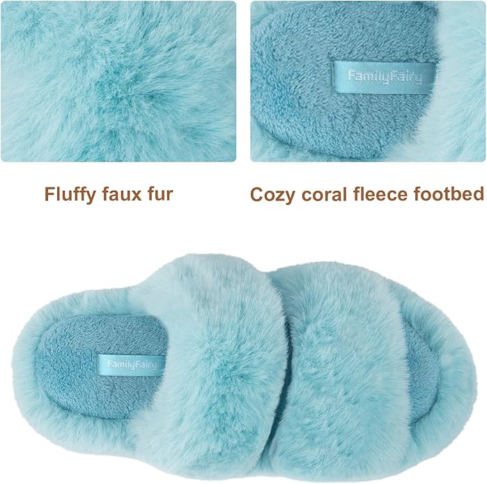 FamilyFairy Women's Fluffy Faux Fur Slippers Comfy Open Toe Two Band Slides with Fleece Lining and Rubber Sole