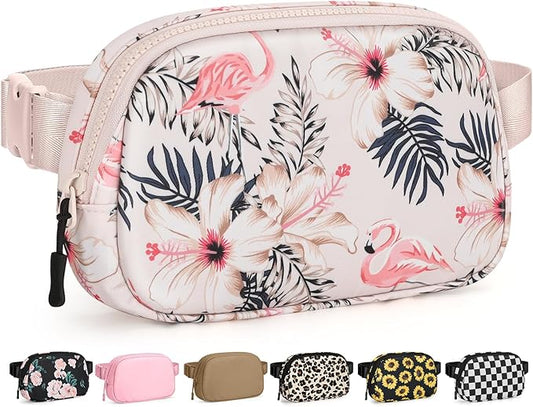 Pritent Fanny Packs for Women Cross Body Bag Waterproof Belt Bag with Adjustable Strap and Zipper Back Pocket Small Crossbody Bags Fashion Waist Packs for Workout Travelling(Flamingo Print)