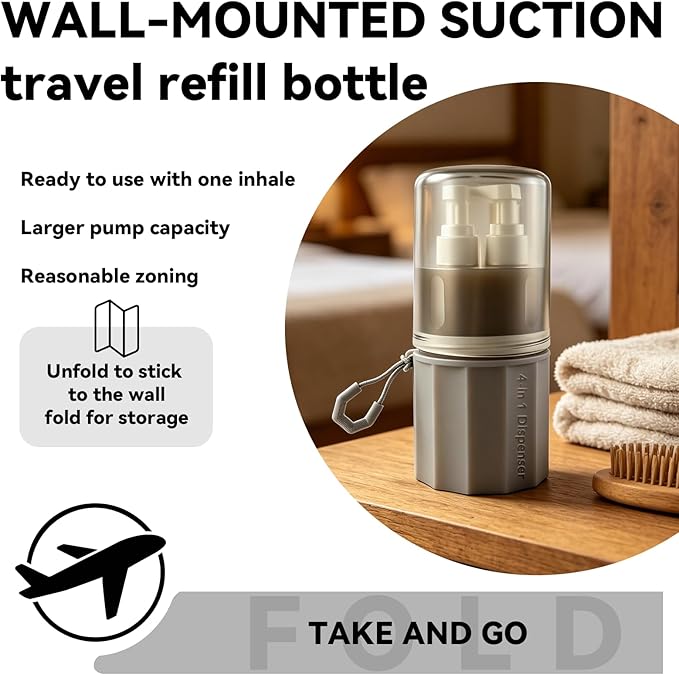 4 in 1 Travel Dispenser，Unbreakable Silicone Travel Dispenser Bottle, Vacuum Suction Wall Mounted Refillable Containers,Leakproof Toiletry Containers for Shampoo, Lotion, Baby Care-Grey.