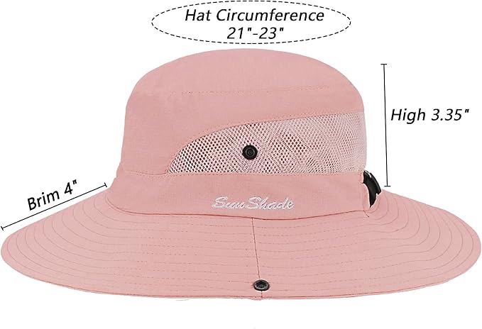 Womens Summer Sun-Hat Outdoor UV Protection Fishing Hat Wide Brim Foldable-Beach-Bucket-Hat with Ponytail-Hole