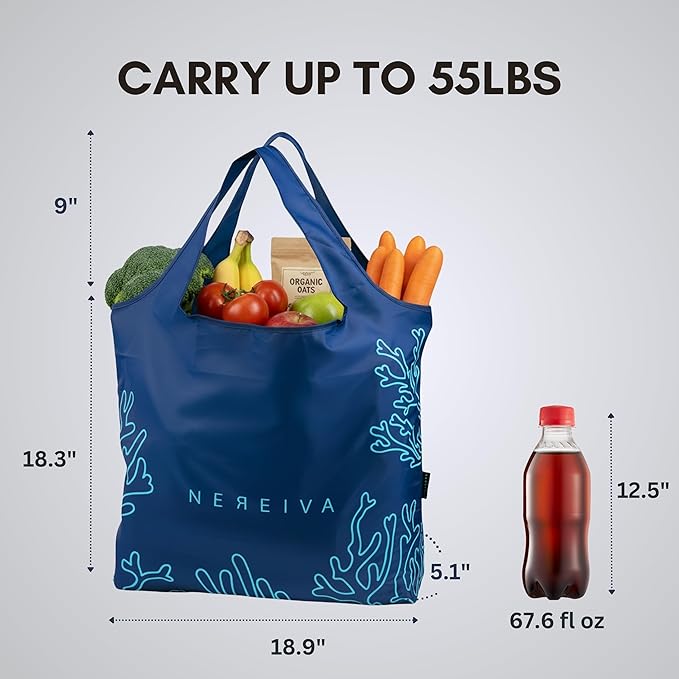 4 Pack Strong Reusable Grocery Bags Foldable into Tiny Pouch with Carry Case – Multi-Color bags makes Travel or Shopping Sorting Easy, Holds 55lbs, Washable, Durable, Packable
