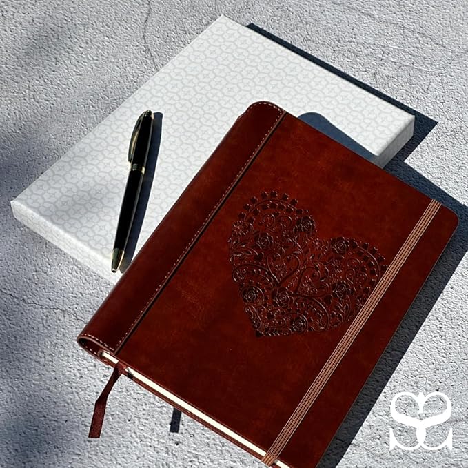 SETTINI® Lined Journal - Heart Journal for Writing Gift Set - Hardcover Vegan Leather, Includes Luxury Pen in a Unique Pen Holder, 192 Pages, 6 x 8.5 inches - Father Day Gift