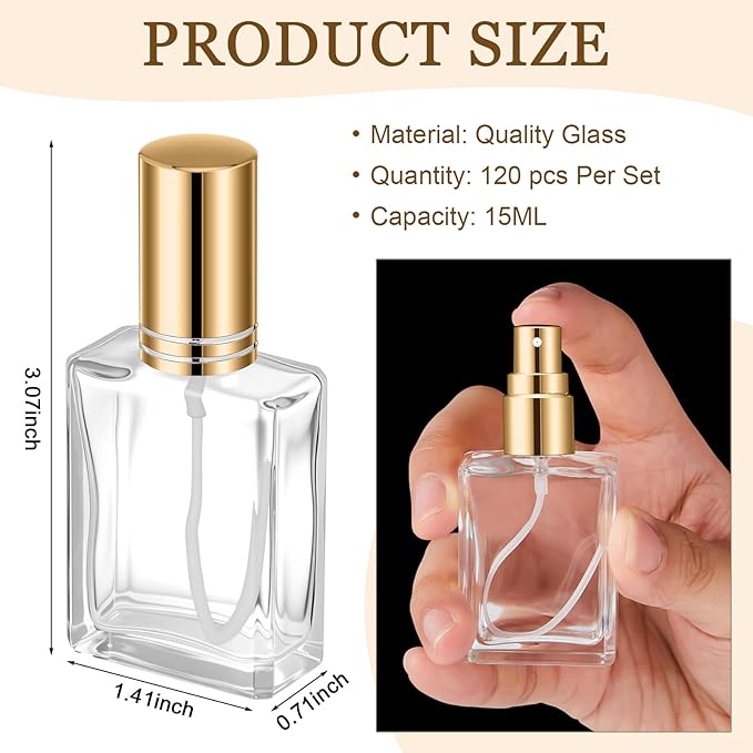 Domensi 60 Pcs 10/15/30/50 ml Glass Perfume Bottles Mini Glass Empty Spray Atomizer Bottles Bulk Refillable Perfume Dispenser Container with Pump Tool for Travel Skin Care (15 ml,Gold)