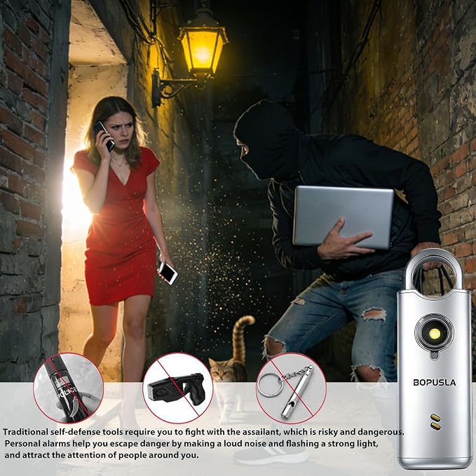 Personal Safety Alarm for Women, Elderly & Kids, 135dB Loud Siren with SOS Strobe Light, USB-C Rechargeable Self-Defense Keychain, Cute Portable Security Alarm (Silver)