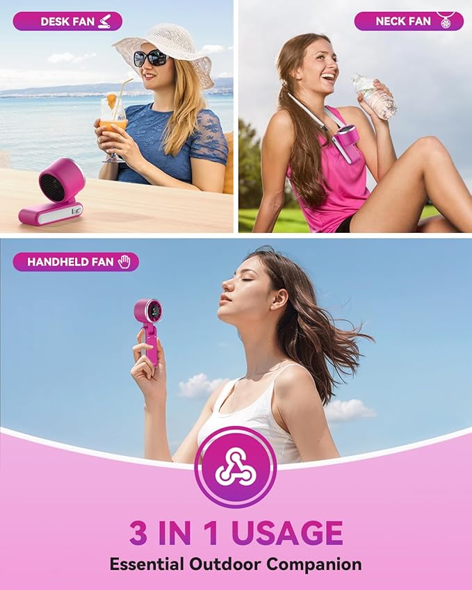 PlayHot Portable Handheld Turbo Fan, 5-Speed Personal Fan, USB-C Rechargeable Fan Up to 12 Hours, 3 IN 1 Hand Fan with Air Turbo Tech Cooling, Travel Fan for Cruise, Beach, Gifts for Women (Magenta)