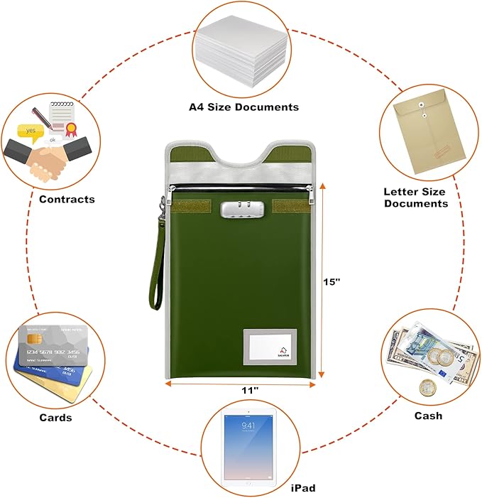 Document Safe Bag with Lock (5200℉), 15”x 11”Travel Document Holder, Fireproof Zipper Pouch for A4/A5/Legal/Letter Size Document, Tablet, Valuables, Money and Passport(Olive Drab)