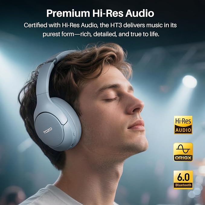 TOZO HT3 Hybrid Noise Cancelling Headphones, 90H Battery Life Wireless Over Ear Bluetooth 6.0 Foldable Headset, AI Voice Assistant with 5 Mics, Connect 2 Devices and Hi-Res Sound, 32 EQ Audio Presets