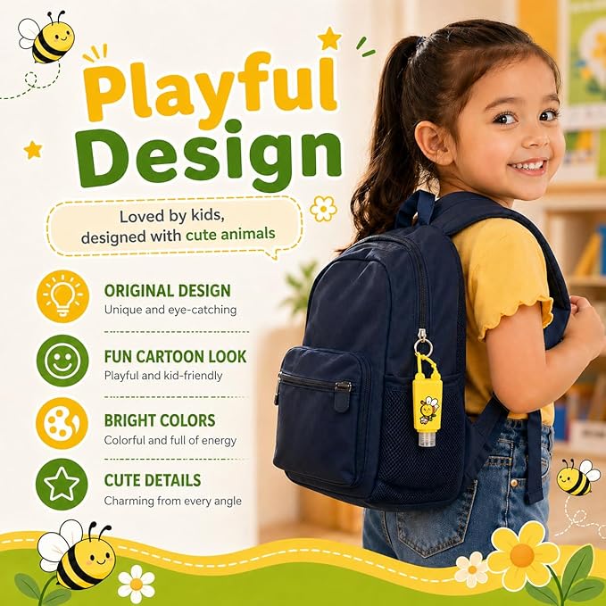 5-Pack Cartoon Kids Hand Sanitizer Holder, 30ml Travel Size Refillable Bottles with Silicone Case, Leak-Proof Portable Containers for Lotion & Liquid Soap (Buzzy Bee)