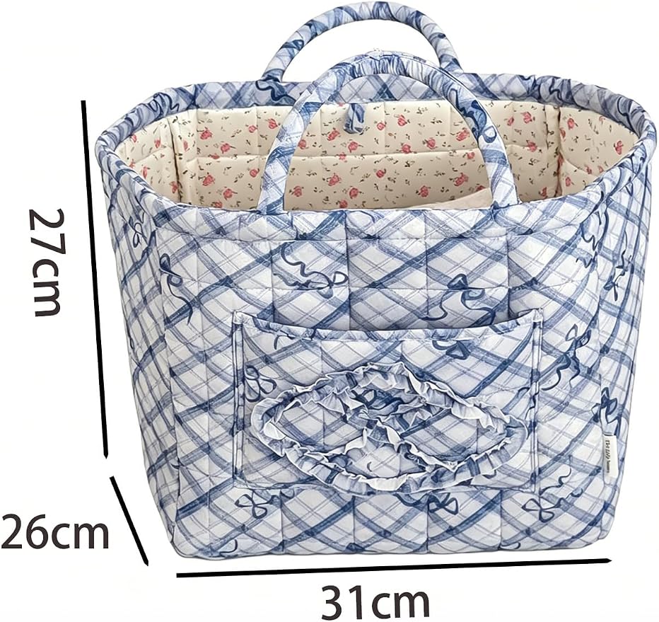 Floral Fabric Storage Basket Car Interior Storage Basket Underwear Sundries Laundry Baskets Supplies Home Organizer Bag (blue bow)