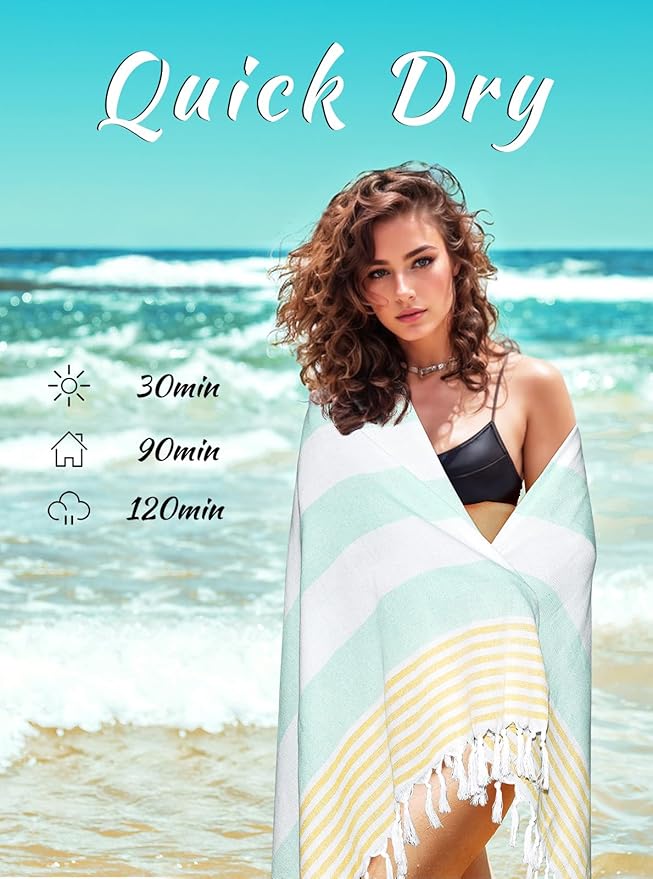 cabanana Turkish Beach Towel Oversized - 40"x70" Quick Dry Sand Free Thin Beach Towels for Adults,Extra Large Cotton Lightweigh Travel Towel for Beach Accessories (Aqua Yellow)