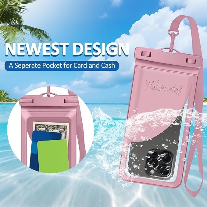 Waterproof Phone Pouch, with Interior Card Pocket, Large Waterproof Phone Case for iPhone 17 16 15 14 Pro Max, IPX8 Lightweight Cellphone Dry Bag, Beach Cruise Ship Essentials,2 Pack-Pink-8.3″