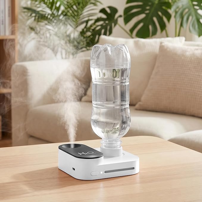 Travel Humidifier, Portable Mini Cool Mist Humidifier, Small Bottle Humidifier with Auto Shut-Off, Night Light, USB Rechargeable, for Bedroom, Office, Hotel, Car and Plants,White