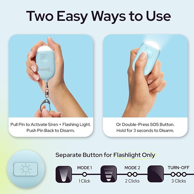 Weten Rechargeable Personal Alarm Keychain - 130dB Siren & LED Light - Stylish Personal Safety Alert for Women to Carry - Panic Button Alarm for Security - Rape Whistle for Self Defense (Blue)