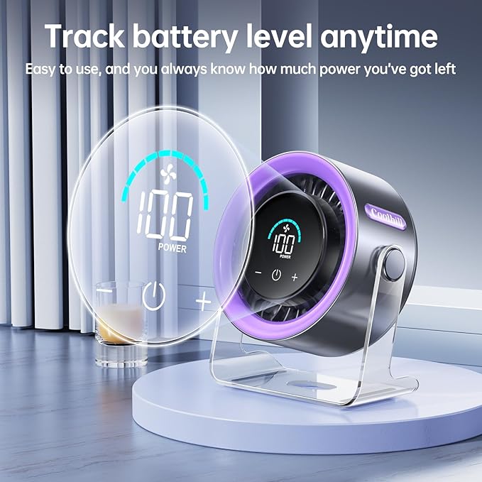 USB Desk Fan for Bedroom: 100 Speeds Digital Display Quiet Portable Fan with Turbo Airflow, 120° Rotating Small Rechargeable Battery Desktop & Wall-Mounted Fans for Bedroom Home Office