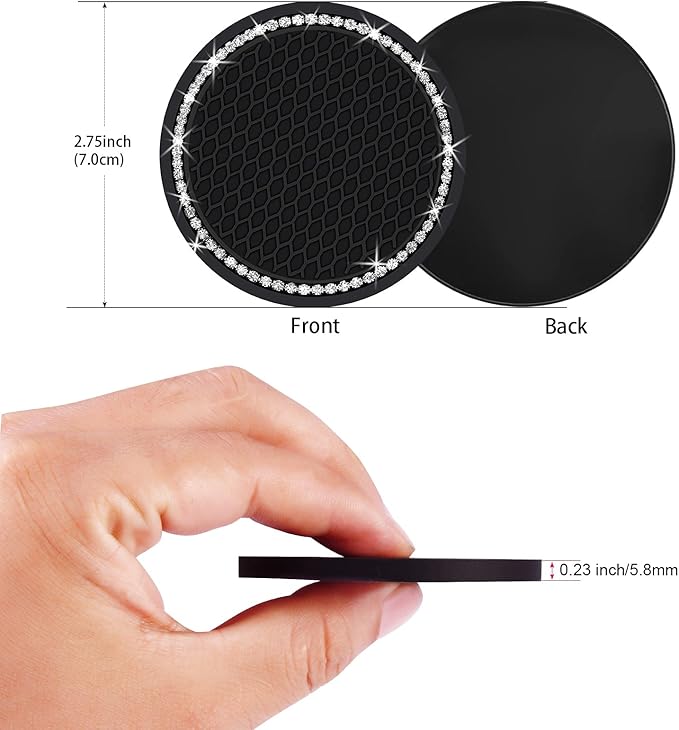 4PCS 2.75 Inch Bling Auto Car Cup Holder Insert Coasters Silicone Anti-Slip Crystal Rhinestone Drink Car Cup Mat, Universal Vehicle Interior Accessories for Women Girls (Black)