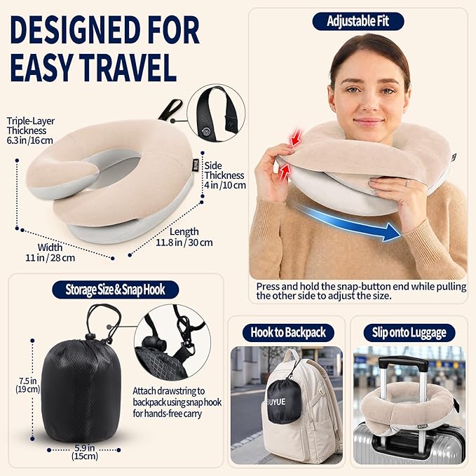 BUYUE Travel Neck Pillows for Airplanes, Memory Foam 360° Head Support Sleep for Long Flight, Skin-Friendly & Breathable, Kit with Eye Mask, Earplugs and Storage Bag (Adult, Beige, 90+ lbs)