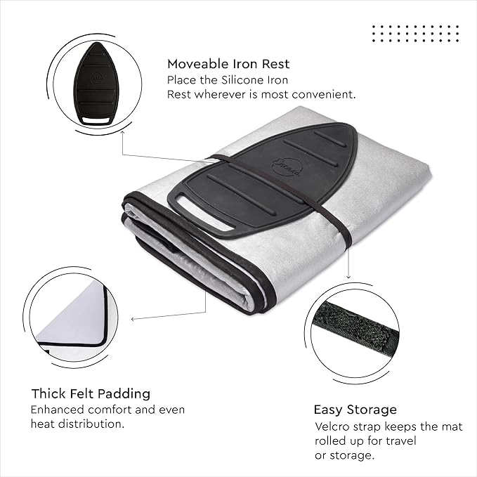 Encasa XO Ironing Mat/Pad - Metallic Silver (Large 48"x28") with 5mm Foam Padding & Silicone Iron Rest for Steam Pressing on Tabletop or Bed - Heat Reflective, Portable, Quilting