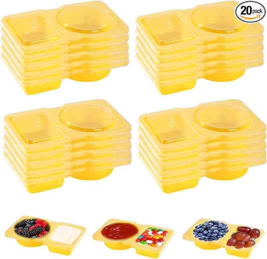 Snack Containers - Reusable 2 Compartment Condiment Containers with Lids for Take Out Sauce, Portion Control, Candies, Cookies (YELLOW)